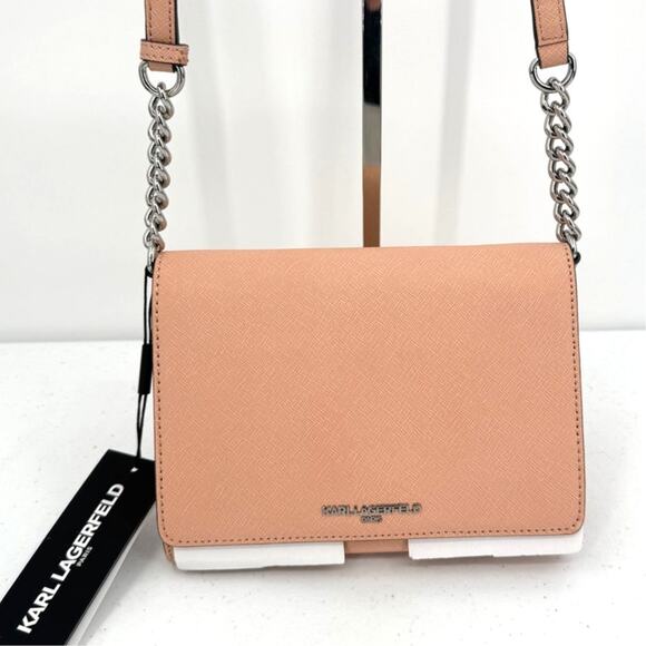 NWT Karl Lagerfeld Paris Connie Peach Leather Crossbody Bag Flap Closure - Picture 4 of 12
